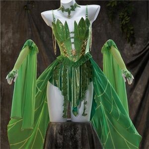 Green Leaf-Inspired Mini Dress with Draped Organza Panels